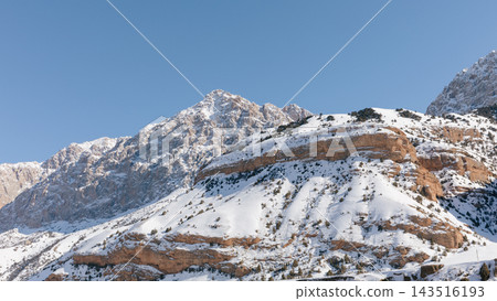 Snow covered rocky mountain peaks against clear blue sky in winter Snow covered rocky mountain peaks against clear blue sky in winter 143516193