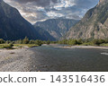 Scenic landscape of Chulyshman river valley surrounded by steep rocky mountains 143516436