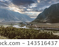 Panoramic landscape of Chulyshman Valley with winding river and ridges 143516437
