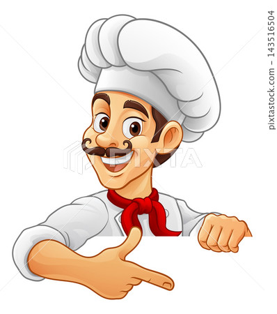 Chef Baker Cook Cartoon Mascot Man Pointing Sign Chef Baker Cook Cartoon Mascot Man Pointing Sign 143516504
