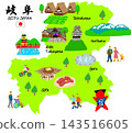 A flat illustration of tourist spots and visitors in Gifu Prefecture. 143516605