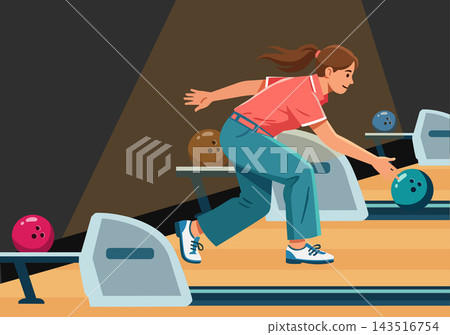 Woman Playing Bowling and Rolling Ball Illustration Woman Playing Bowling and Rolling Ball Illustration 143516754