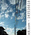 A sky with power lines, utility poles, and clouds. 143516818