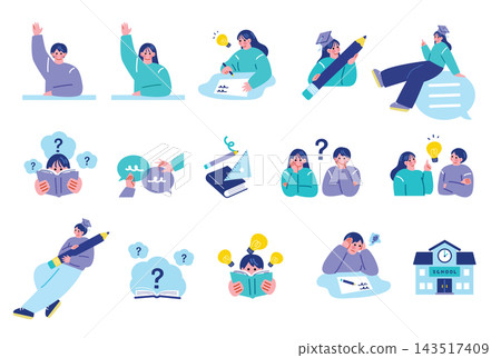 A set of illustrations of students studying. 143517409