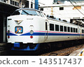 A 485 series limited express train, "Super Raicho" (Kuha 481 type, 1989), stopped at JR Nagano Station when it was a ground-level station. 143517437