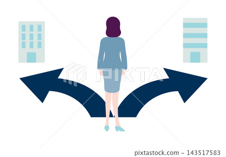 一位女企業家在兩家公司中選擇職業道路的示意圖。 一位女企業家在兩家公司中選擇職業道路的示意圖。 143517583
