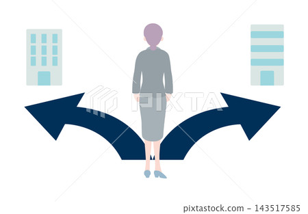 一位資深女性在兩家公司中選擇職業道路的插圖。 一位資深女性在兩家公司中選擇職業道路的插圖。 143517585