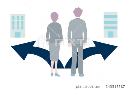 圖中描繪了兩位資深商業人士(一男一女)在兩家公司中選擇職涯道路的情景。 圖中描繪了兩位資深商業人士(一男一女)在兩家公司中選擇職涯道路的情景。 143517587