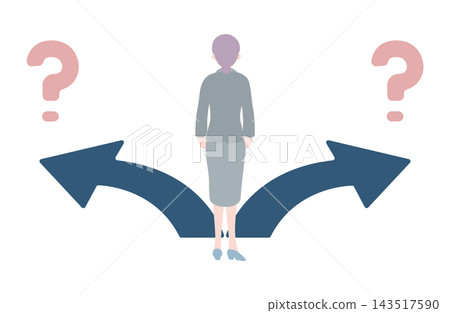 一位老年婦女在兩個選擇之間猶豫不決的插圖。 143517590