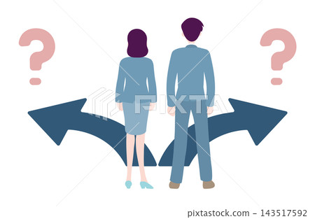 一幅插圖,描繪了一位男性和一位女性商務人士面臨兩種選擇,卻不知該選擇哪條路。 一幅插圖,描繪了一位男性和一位女性商務人士面臨兩種選擇,卻不知該選擇哪條路。 143517592