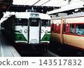 A 115 series train in its original Nagano livery (bound for Komoro, local train) and a JNR limited express train stopped at JR Nagano Station when it was a ground-level station. 143517832