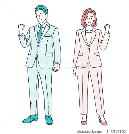 A set of simple business illustrations of a man and woman in suits making a victory pose (motivation, success, job hunting, full body, line art). 143518102