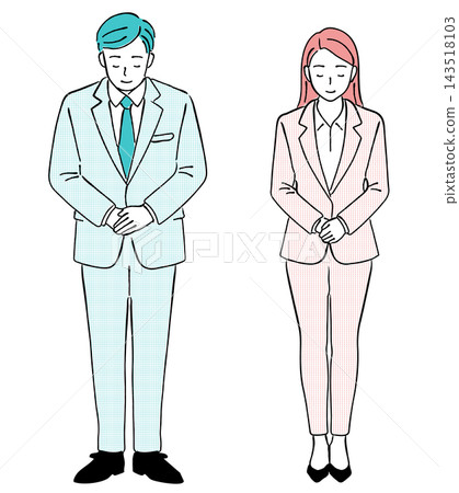 一組簡單的商務插圖,描繪了身著西裝的男士和女士鞠躬的場景(問候、鞠躬、感謝、道歉、全身像、線條畫)。 一組簡單的商務插圖,描繪了身著西裝的男士和女士鞠躬的場景(問候、鞠躬、感謝、道歉、全身像、線條畫)。 143518103