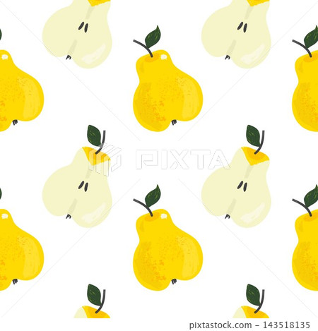 Yellow pear seamless pattern with whole fruit and halves on white background in hand drawn vector style Yellow pear seamless pattern with whole fruit and halves on white background in hand drawn vector style 143518135
