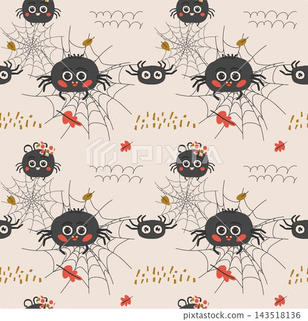 Cute Halloween spider seamless pattern with webs and fall leaves vector illustration 143518136