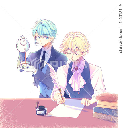 A blonde, aristocratic-looking boy writing with a quill pen, and a butler brewing tea. (2D character image) 143518149
