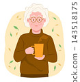 Senior Woman in Brown Sweater Holding a Cup of Hot Drinks while Living Outdoors in Autumn Season for Relaxing Lifestyle Concept Illustration Clip Art 143518175