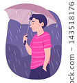 Young Man Holding Umbrella and Standing Outdoor in the Rain for Rainy Seasonal Lifestyle Concept Illustration Clip Art 143518176