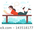 Teenage Girl Lying on a Bench for Reading a Book in Public Park for Relaxing Leisure and Vacation Lifestyle Concept Illustration Clip Art 143518177