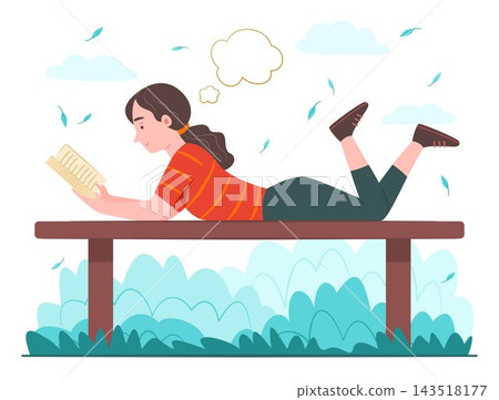Teenage Girl Lying on a Bench for Reading a Book in Public Park for Relaxing Leisure and Vacation Lifestyle Concept Illustration Clip Art 143518177