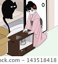 A woman in a kimono takes out a stove, preparing for winter. 143518418