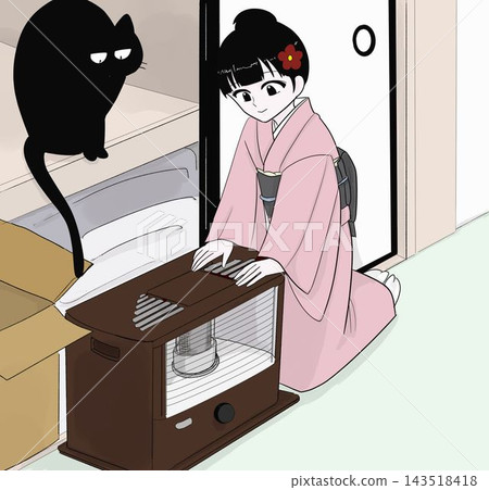 A woman in a kimono takes out a stove, preparing for winter. A woman in a kimono takes out a stove, preparing for winter. 143518418