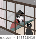 A woman in a kimono and a cat watching the snow outside the window: Winter life 143518419