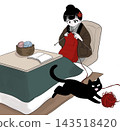 A woman in a kimono knitting and a cat playing with yarn - winter life 143518420