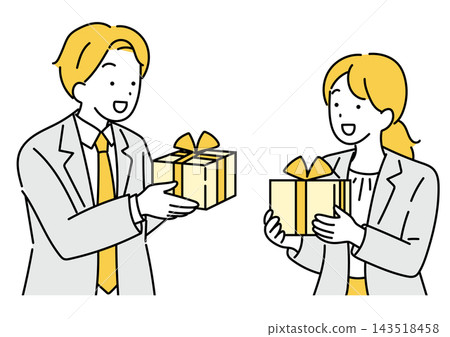 Illustration of a male and female office worker giving a gift Illustration of a male and female office worker giving a gift 143518458