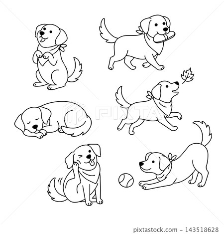 Cute dog puppy vector illustration line art golden retriever clip art. Happy pet lifestyle doodle hand drawn sketch design sticker pack element. Veterinary animal care puppy school education coloring Cute dog puppy vector illustration line art golden retriever clip art. Happy pet lifestyle doodle hand drawn sketch design sticker pack element. Veterinary animal care puppy school education coloring 143518628