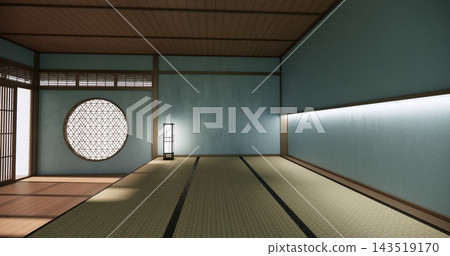 Autumn, Japanese style circular window and Japanese room with tatami mats on the floor and cabinet decor.3D rendering 143519170