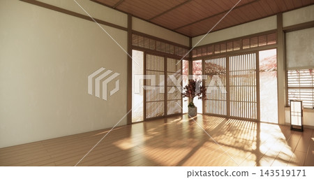 Autumn concept on Japanese room with white wall with maple wood wall design Evokes a sense of warmth, fall background. 3d rendering 143519171