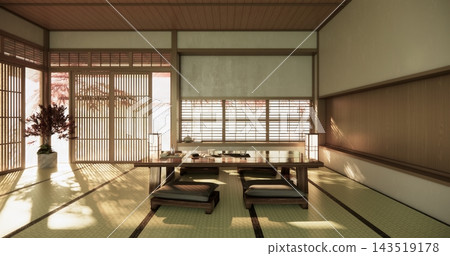 Low table Japanese-style living room evokes the feeling of spring with sunlight streaming into the space.3D rendering Low table Japanese-style living room evokes the feeling of spring with sunlight streaming into the space.3D rendering 143519178