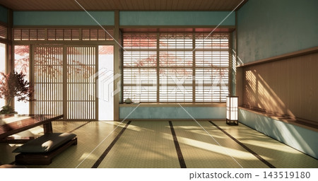 blue room Autumn concept on Living room Japanese style with white wall with floor tatami mat and table low japan Evokes a sense of warmth, fall background. 3d rendering blue room Autumn concept on Living room Japanese style with white wall with floor tatami mat and table low japan Evokes a sense of warmth, fall background. 3d rendering 143519180
