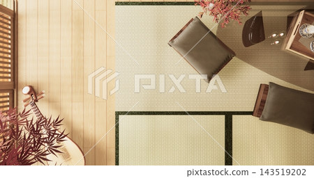 Autumn concept, Top view Japanese room with decortion japanese style on tatami mat flooring ,sunlight streamed in room.3D rendering Autumn concept, Top view Japanese room with decortion japanese style on tatami mat flooring ,sunlight streamed in room.3D rendering 143519202