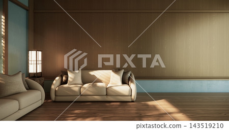 The long bench in the Japanese-style mint living room evokes the feeling of spring with sunlight streaming into the space.3D rendering 143519210
