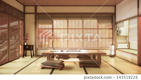 Autumn, japandi sofa on Living room japanese style circular window and Japanese room with the tatami floor.3D rendering 143519228