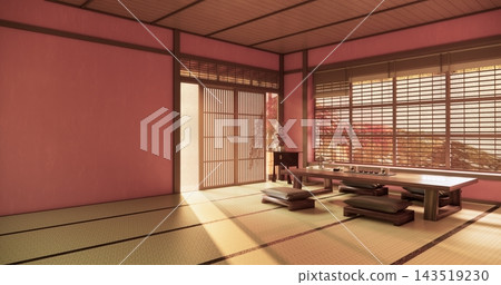 Red color Empty muji, minimal japanese wooden room interior ,minimal style.3D rendering Red color Empty muji, minimal japanese wooden room interior ,minimal style.3D rendering 143519230