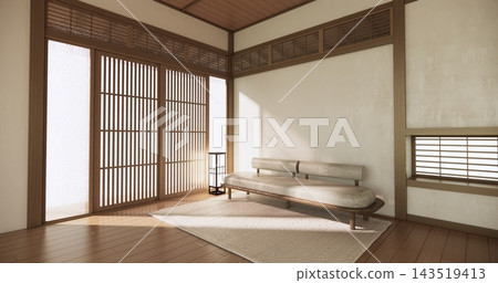 Autumn concept on Japanese room with white wall with maple wood wall design Evokes a sense of warmth, fall background. 3d rendering 143519413