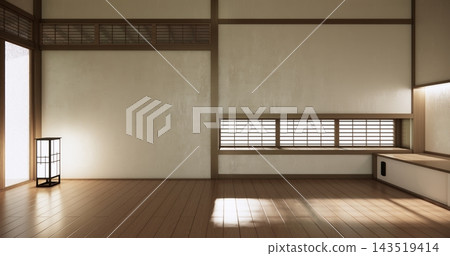 Autumn concept on Japanese room with white wall with maple wood wall design Evokes a sense of warmth, fall background. 3d rendering 143519414