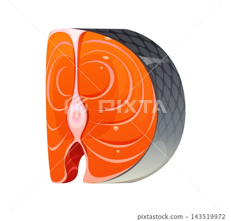 Cartoon salmon fillet font letter D with fish Cartoon salmon fillet font letter D with fish 143519972