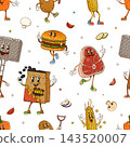 Cartoon groovy barbecue grill BBQ seamless pattern 143520007