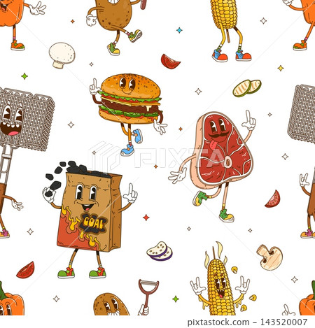 Cartoon groovy barbecue grill BBQ seamless pattern Cartoon groovy barbecue grill BBQ seamless pattern 143520007