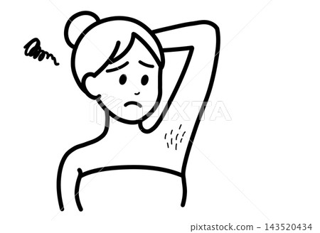 A woman with a troubled expression, bothered by unwanted underarm hair. A woman with a troubled expression, bothered by unwanted underarm hair. 143520434