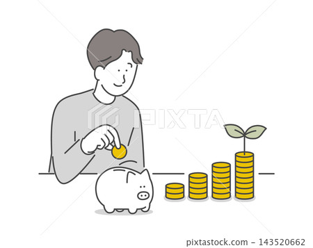 一幅男子將硬幣放入存錢筒的插圖。 一幅男子將硬幣放入存錢筒的插圖。 143520662