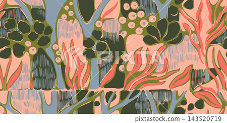 Colorful botanical repeat with organic leaf forms, coral fronds, olive shapes and muted blue details, creating lively decorative background for textile, wallpaper and packaging uses. Colorful botanical repeat with organic leaf forms, coral fronds, olive shapes and muted blue details, creating lively decorative background for textile, wallpaper and packaging uses. 143520719