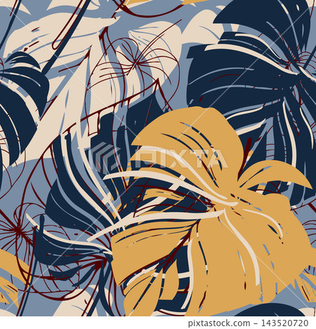 Abstract tropical leaf composition with layered navy, gold, cream, and slate shapes over muted blue background, creating bold botanical movement for modern decor, textiles, packaging, and wall art. Abstract tropical leaf composition with layered navy, gold, cream, and slate shapes over muted blue background, creating bold botanical movement for modern decor, textiles, packaging, and wall art. 143520720