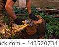 Man in protective gloves cutting metal with an angle grinder outdoors, bright sparks flying. Concept of manual labour, home workshop, DIY metalwork and work safety. 143520734