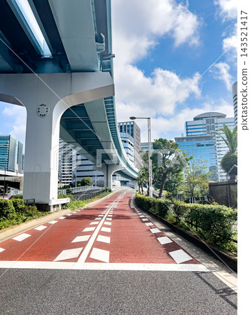 在東京商業區,一條紅色自行車道從高架鐵路橋下延伸而下。 在東京商業區,一條紅色自行車道從高架鐵路橋下延伸而下。 143521417