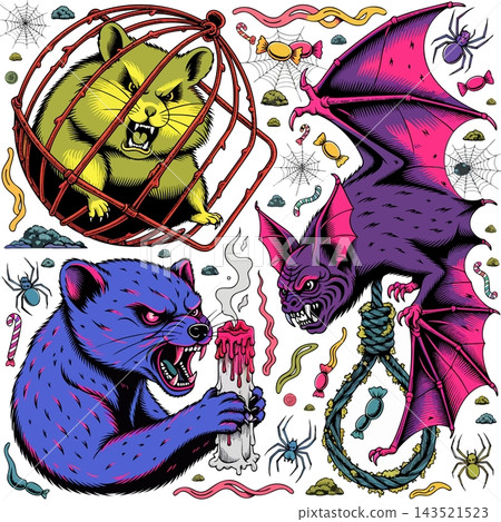 The image features a collection of colorful Halloween-themed vector illustrations in a lowbrow style The image features a collection of colorful Halloween-themed vector illustrations in a lowbrow style 143521523